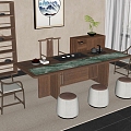 New Chinese Style Tea Table and Chair Tea Set Tea Rack Low Stool Hanging Picture Office Tea Table 3d model