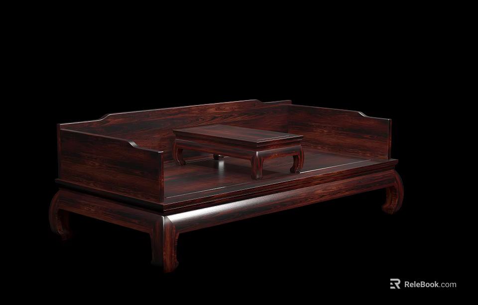 Traditional Chinese Luohan Bed With Solid Wood Carved Details And Tea Table 3d model 