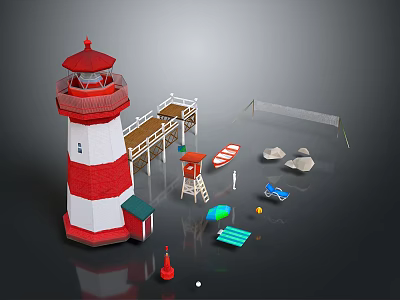 Red And White Lighthouse Scene With Dock Lifebuoy Lifeboat And Rocks 3d model