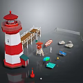 Red And White Lighthouse Scene With Dock Lifebuoy Lifeboat And Rocks