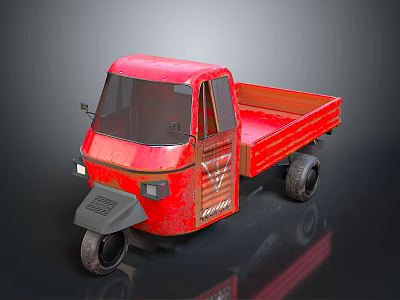 Red Three Wheeled Cargo Motorcycle With Open Truck Bed And Cab 3d model