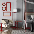 Background Double Bed With Red Frame Grey Mattress Red Geometric Art Beige Chair Striped Rug
