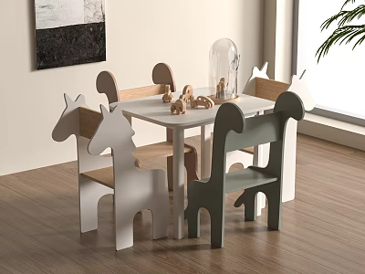 Kids Wooden Table with Colorful Horse Shaped Chairs and Wooden Animal Toys in Playroom 3d model