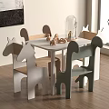 Kids Wooden Table with Colorful Horse Shaped Chairs and Wooden Animal Toys in Playroom