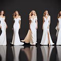 Five Women In White Dresses With Different Designs Off Shoulder And Slit Against Black Background