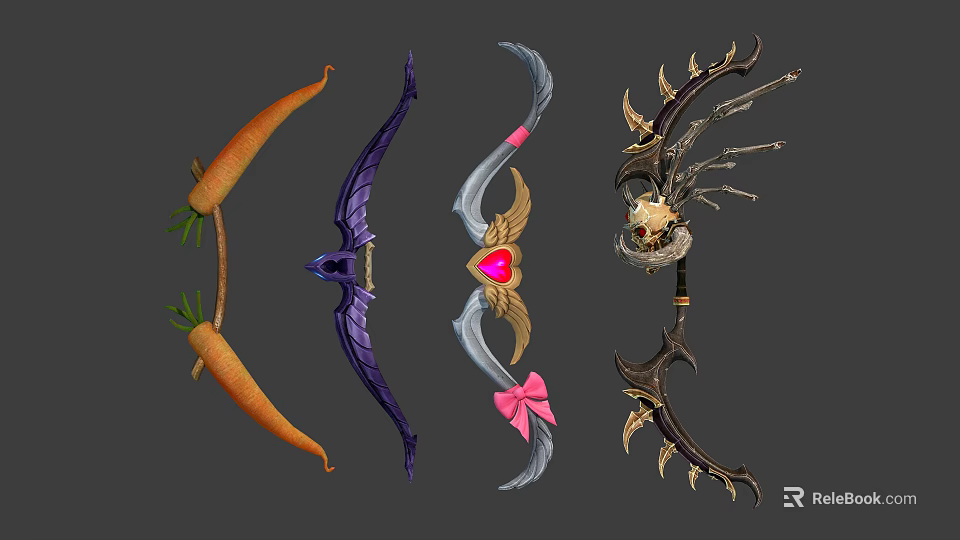Unique Decorative Bows Collection with Carrot Purple Wing Pink Bow Heart and Skull Designs 3d model 
