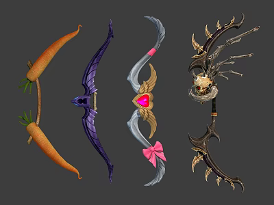 Unique Decorative Bows Collection with Carrot Purple Wing Pink Bow Heart and Skull Designs 3d model