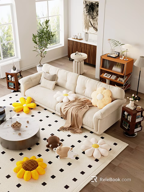 Cozy Double Sofa In Modern Living Room Interior With Flower Shaped Cushions And Brown Throw 3d model 