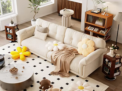 Cozy Double Sofa In Modern Living Room Interior With Flower Shaped Cushions And Brown Throw 3d model