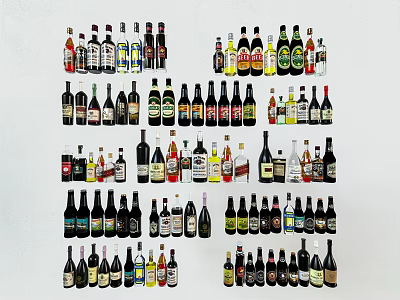 Different Types of Wine Bottles With Various Shapes Colors And Labels On 3d model
