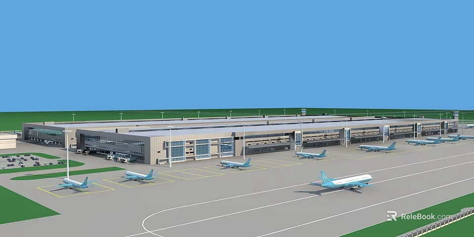 Airport Aerial Planning Featuring Terminal Building Tarmac Layout And Parked Aircraft 3d model 