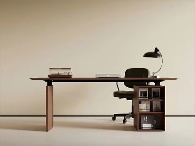 Modern Wooden Desk With Green Chair Black Lamp Books And Shelf Storage 3d model