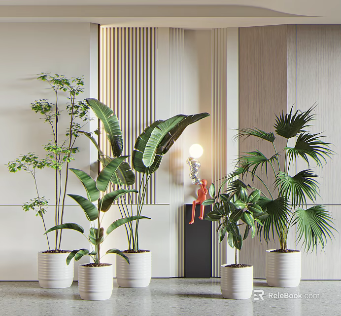 Potted Bonsai Plants With Tropical Green Leaves In White Pots For Modern Interior 3d model 