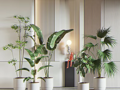 Potted Bonsai Plants With Tropical Green Leaves In White Pots For Modern Interior 3d model