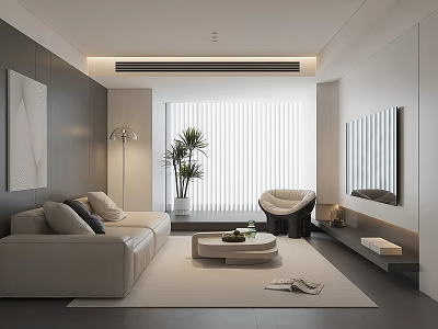 Modern Living Room With White Sofa Floor Lamp Potted Plant Round Coffee Table And Blinds 3d model
