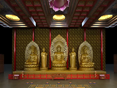 Buddhist Temple Interior With Golden Buddha Statues Ceiling Lamps And Lotus Decoration For Worship 3d model