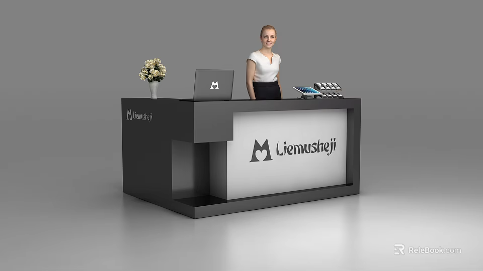 Modern Reception Desk with Laptop Flower Arrangement Brochures Brand Logo and Friendly Receptionist 3d model 