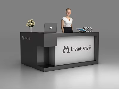 Modern Reception Desk with Laptop Flower Arrangement Brochures Brand Logo and Friendly Receptionist 3d model
