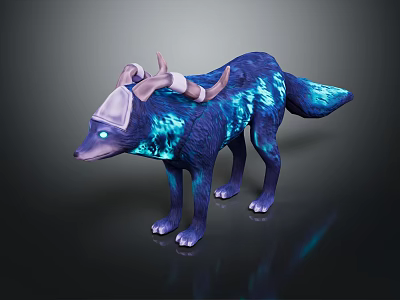 3D Model Of Mythical Blue Glowing Wolf Creature With Horns And White Headdress 3d model