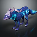 3D Model Of Mythical Blue Glowing Wolf Creature With Horns And White Headdress