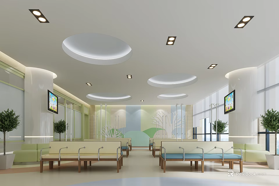 Bright Hospital Waiting Area Interior With Circular Ceiling Lights Benches TV Screens And Plants 3d model 