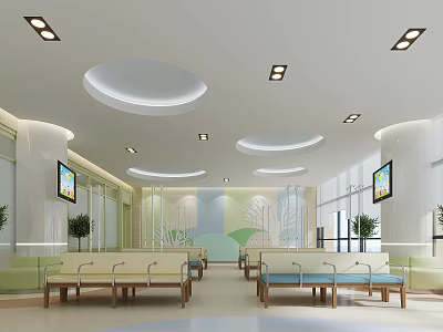 Bright Hospital Waiting Area Interior With Circular Ceiling Lights Benches TV Screens And Plants 3d model