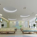 Bright Hospital Waiting Area Interior With Circular Ceiling Lights Benches TV Screens And Plants