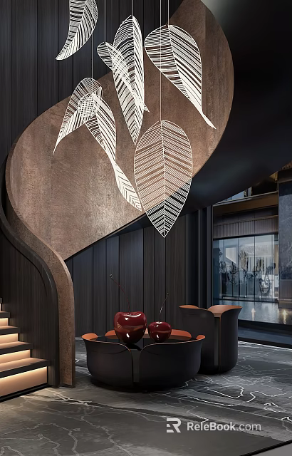 Modern Interior Design With Leaf Shaped Decor Dark Walls Red Ornaments And Glass Doors 3d model 