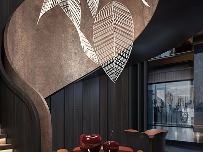 Modern Interior Design With Leaf Shaped Decor Dark Walls Red Ornaments And Glass Doors 3d model