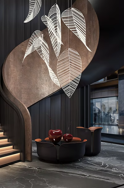 Modern Interior Design With Leaf Shaped Decor Dark Walls Red Ornaments And Glass Doors 3d model