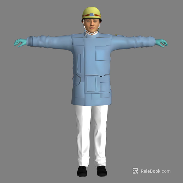 Man in Blue Coat and White Pants with Blue Gloves and Outstretched Arms 3d model 