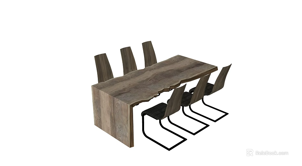 Modern Wooden Dining Table With Six Black Metal Frame Chairs Combination Set 3d model 