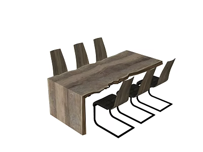 Modern Wooden Dining Table With Six Black Metal Frame Chairs Combination Set 3d model