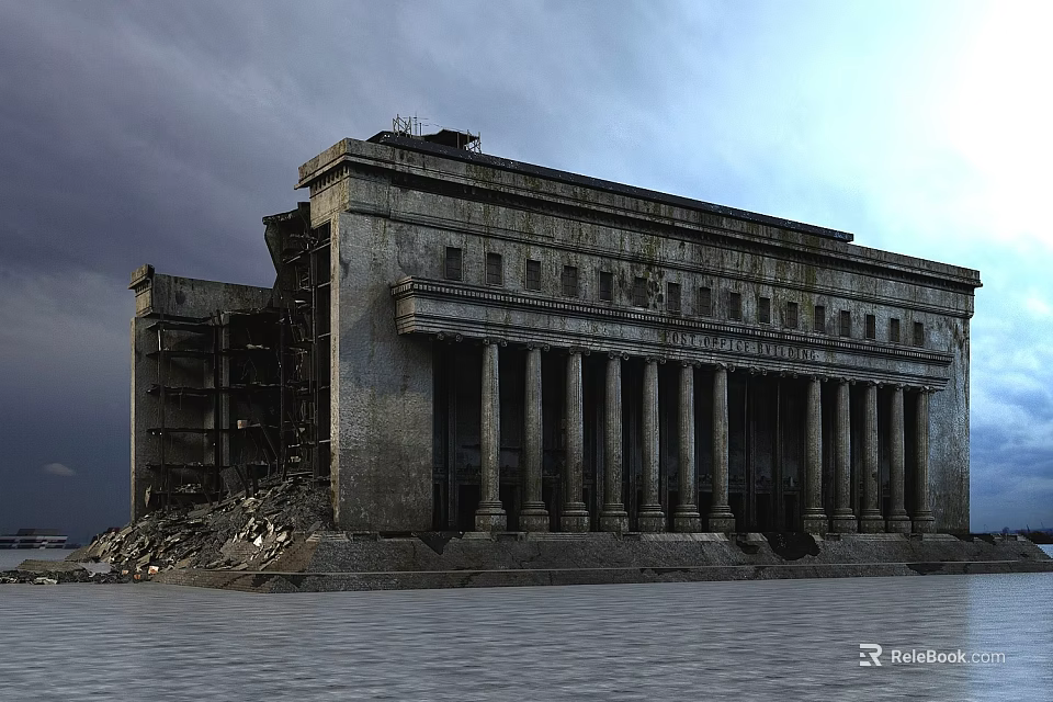 Ancient Ruined Building Colonnade Featuring Tall Stone Columns Under Cloudy Sky 3d model