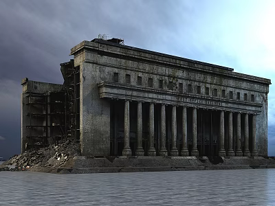 Ancient Ruined Building Colonnade Featuring Tall Stone Columns Under Cloudy Sky 3d model