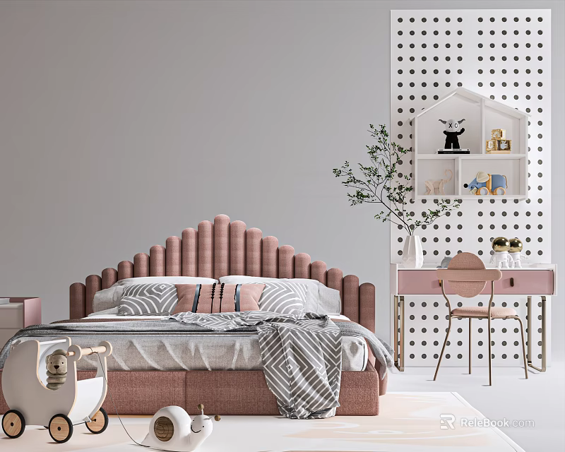 Cozy Kids Bed With Pink Tufted Headboard House Shaped Shelf Desk And Chair 3d model 