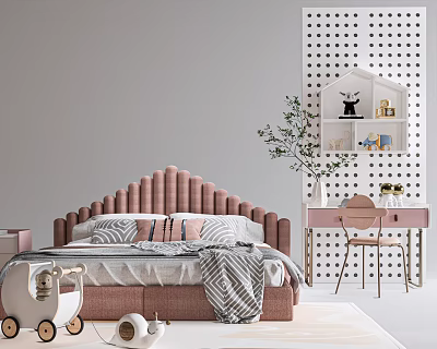Cozy Kids Bed With Pink Tufted Headboard House Shaped Shelf Desk And Chair 3d model