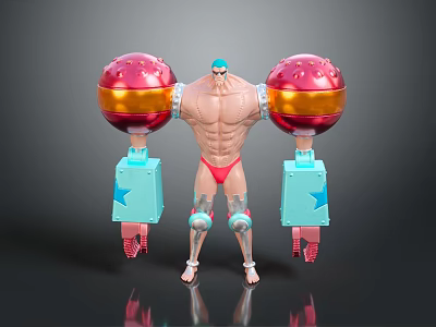 Muscular Character With Red Gold Spherical Arms Blue Components And Red Swim Trunks 3d model