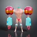 Muscular Character With Red Gold Spherical Arms Blue Components And Red Swim Trunks