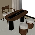 Modern Wooden Tea Table with Upholstered Stools and Chairs by Window Green Lawn View