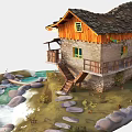 Traditional Cottage With Stone Walls Wooden Structure Tile Roof And Colorful Flags By Stream Rocks