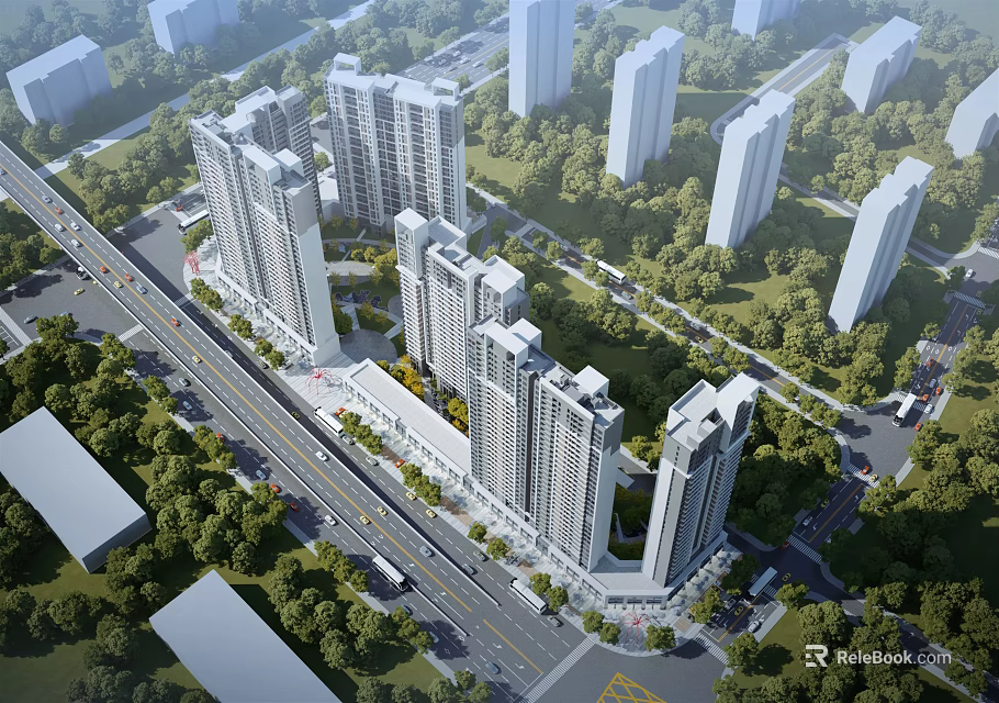 Aerial View Residential Planning With High Rise Buildings Green Spaces And Roads 3d model 