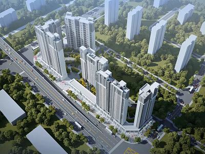 Aerial View Residential Planning With High Rise Buildings Green Spaces And Roads 3d model
