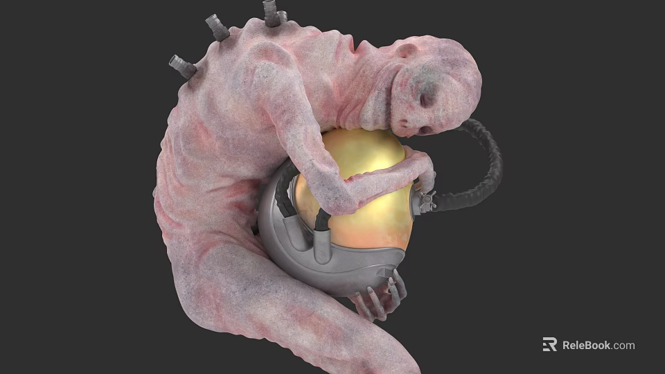 Pink Spiky Alien Creature Holding Gray Device With Shiny Golden Sphere 3d model 