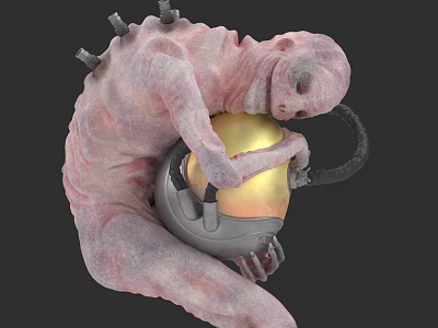 Pink Spiky Alien Creature Holding Gray Device With Shiny Golden Sphere 3d model