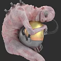 Pink Spiky Alien Creature Holding Gray Device With Shiny Golden Sphere