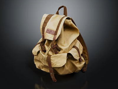 Beige Canvas Backpack With Brown Leather Trim And Multiple Pockets 3d model