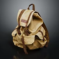 Beige Canvas Backpack With Brown Leather Trim And Multiple Pockets