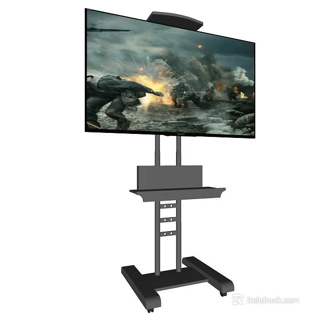 Flat Screen TV on Mobile Stand with Shelf Showing Action War Scene 3d model 