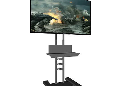 Flat Screen TV on Mobile Stand with Shelf Showing Action War Scene 3d model